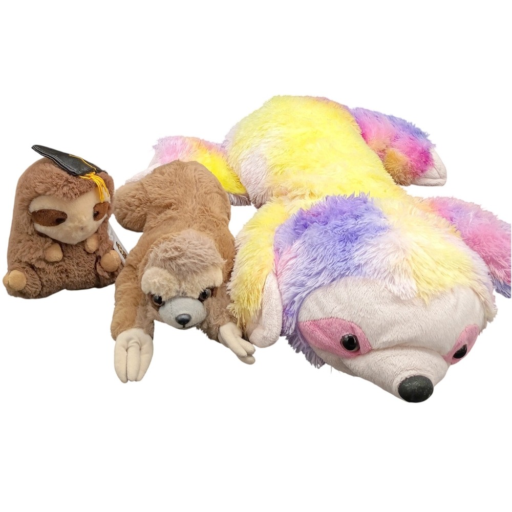 Lot of 2 Sloth Plush Stuffed Animals Brown and Rainbow Pastel Soft Faux Fur